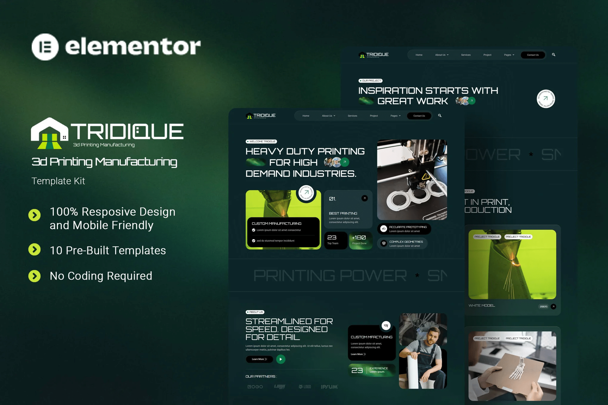 Tridique - Kit de Templates Elementor de Fabricação para Impressão 3D