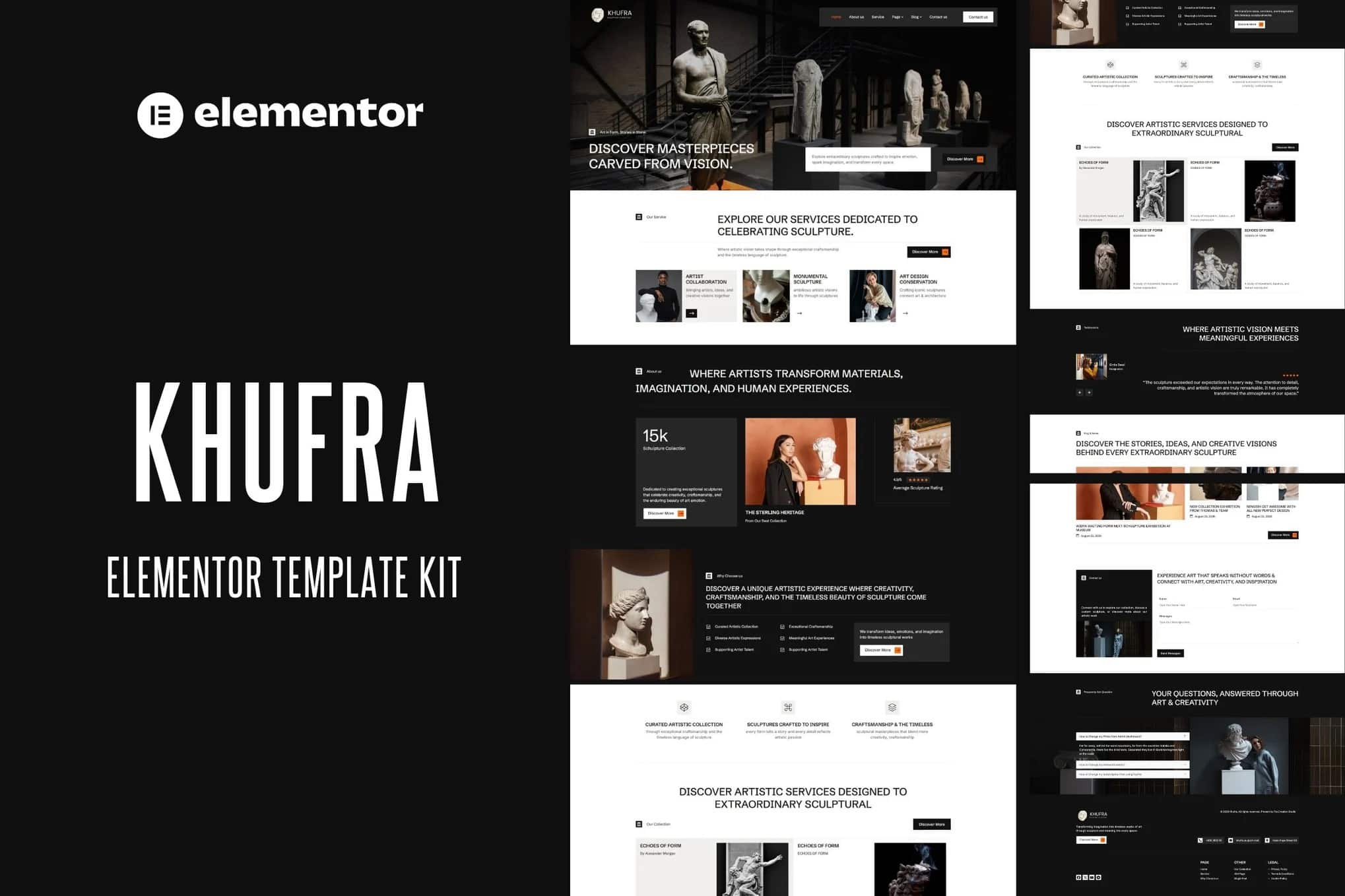 Khufra - Kit de modelos Elementor para site de exposição de esculturas