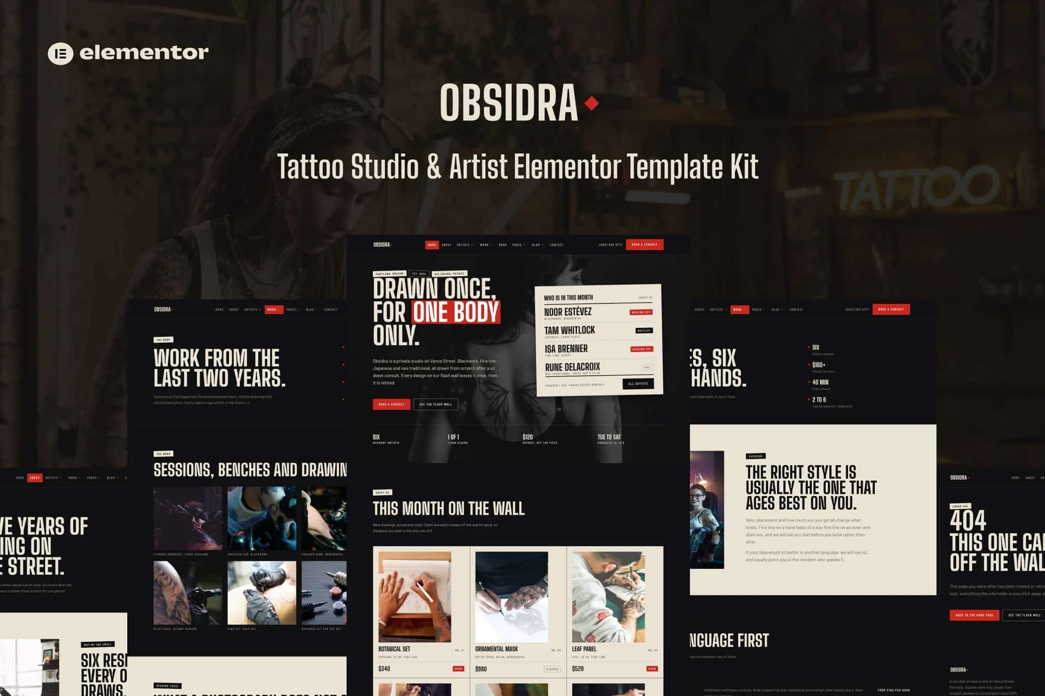 Obsidra - Kit de Templates para Estúdio de Tatuagem e Artist Elementor