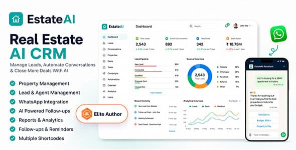 EstateAI - CRM de IA para o mercado imobiliário, gestão de propriedades, leads, agentes e plugin para WordPress