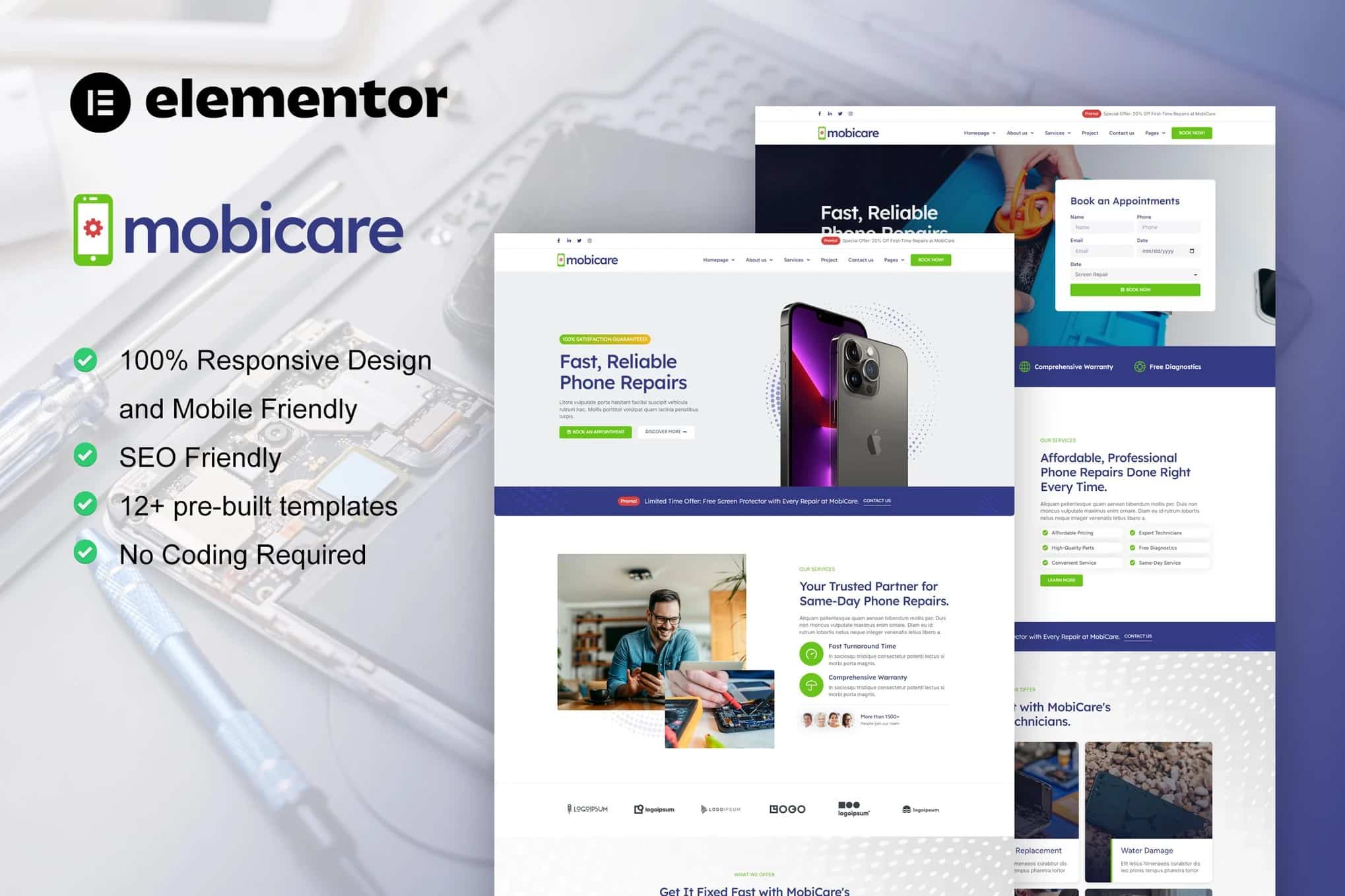 MobiCare - Kit de modelos Elementor Pro para reparo de telefones celulares e computadores