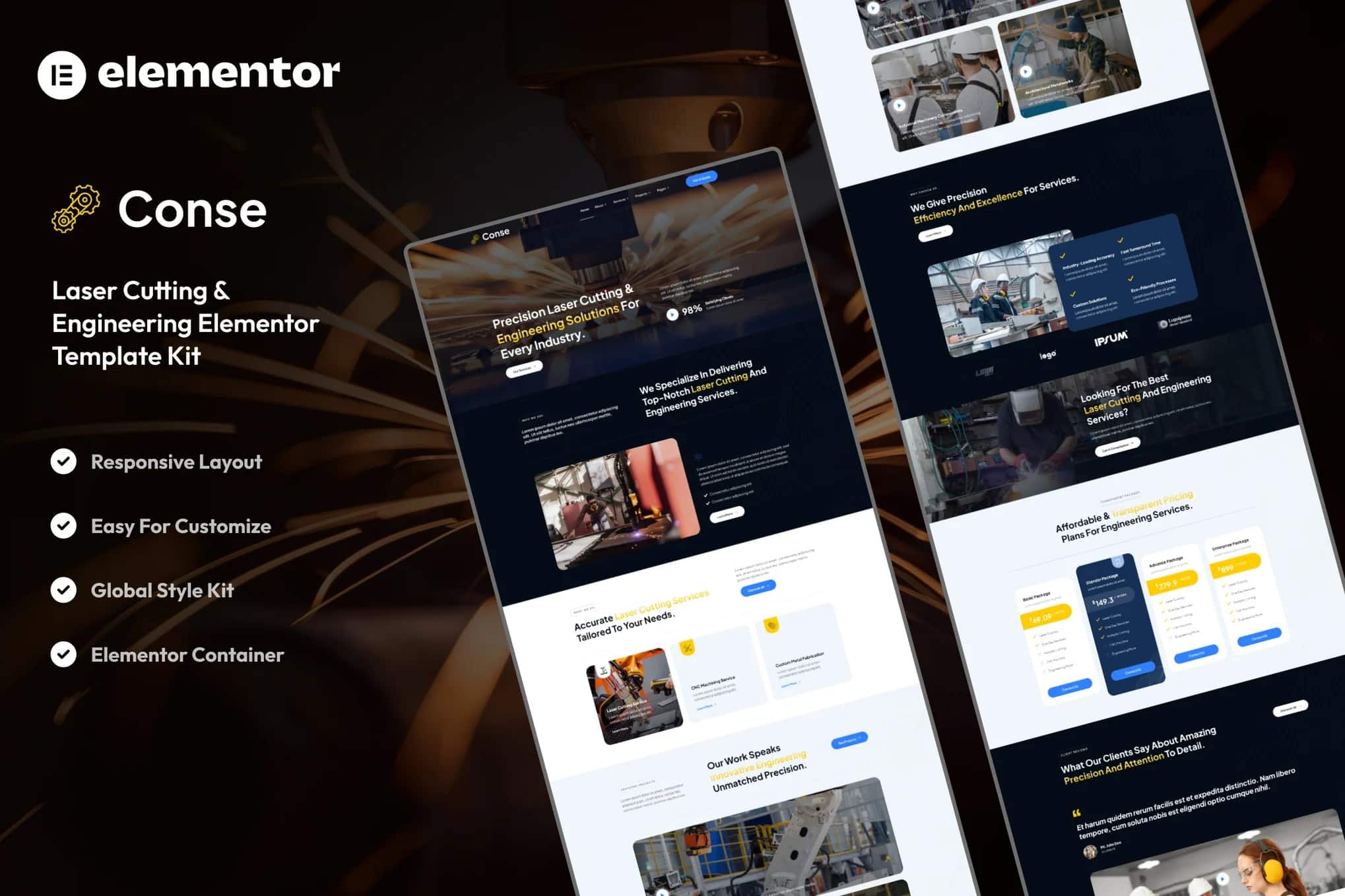 Conse - Kit de modelos Elementor para serviços industriais e de corte a laser