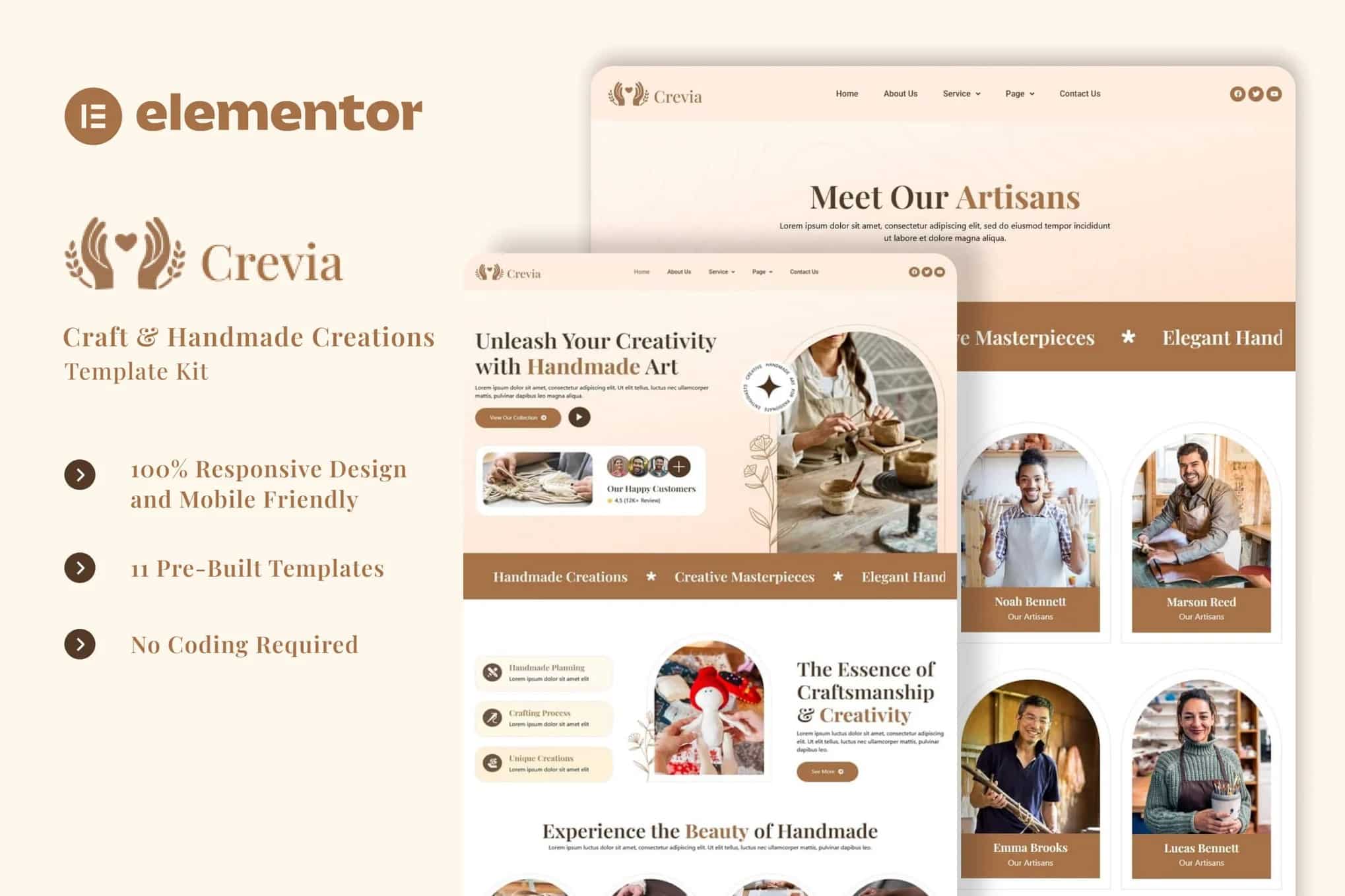 Crevia - Kit de Templates Elementor de Criações Artesanais e Artesanais