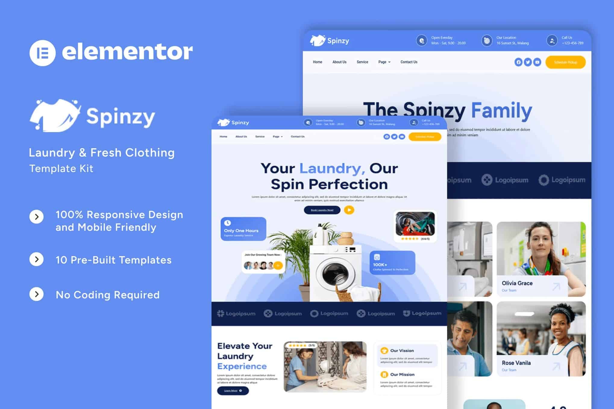 Spinzy - Kit de Templates Elementor para lavanderia e roupas frescas
