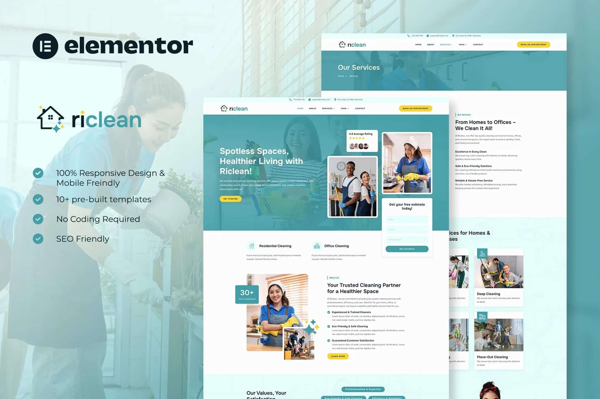 Rclean - Kit de modelos Elementor para empresas de serviços de limpeza