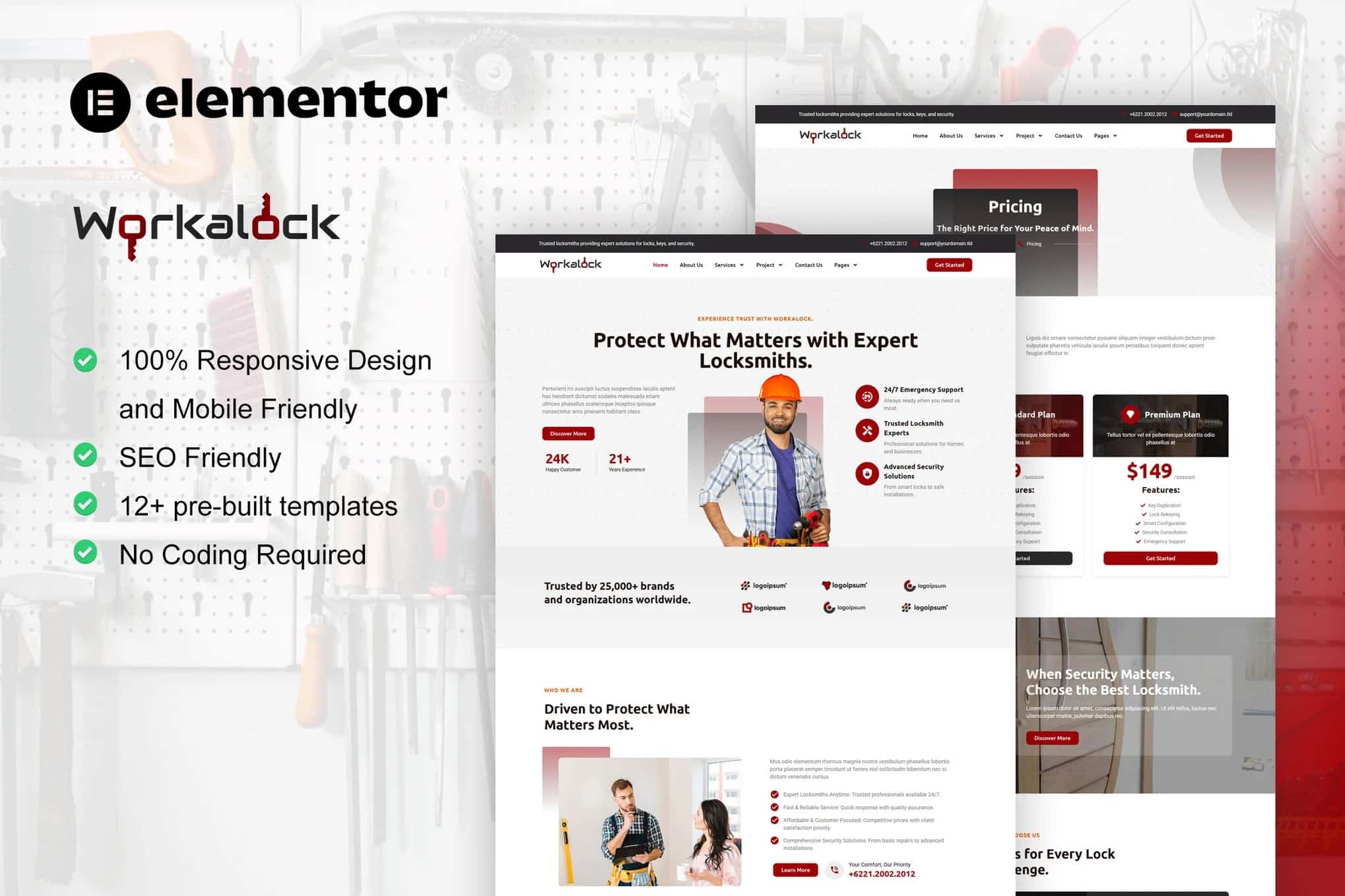 Workalock - Kit de modelos Service Elementor Pro para serralheiro e fabricante de chaves