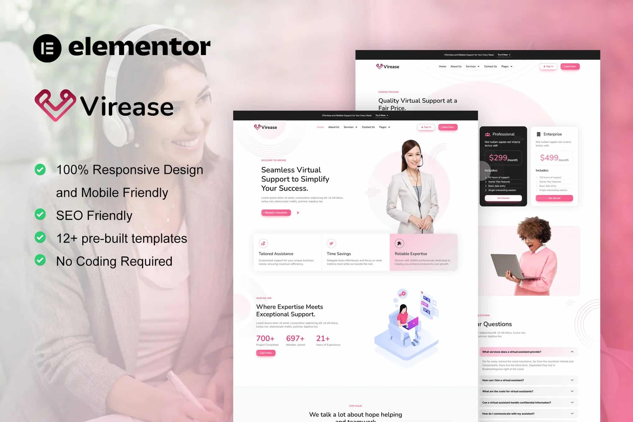 Virease - Kit de modelos do Virtual Assistant Service Elementor Pro