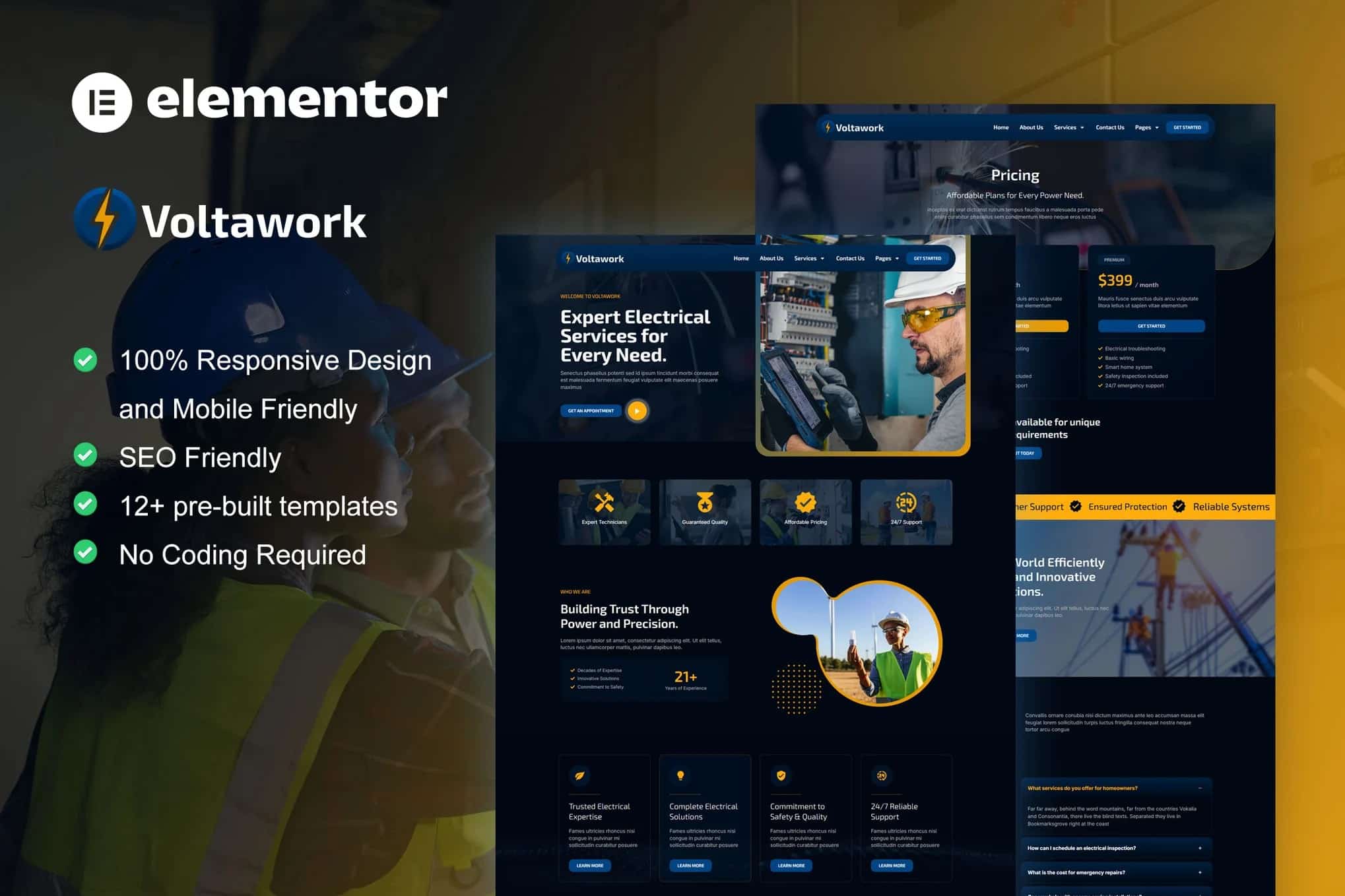 VoltaWork - Kit de modelos Elementor para serviços elétricos